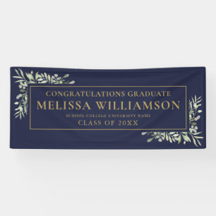 Navy Blue And Gold Greenery Floral Graduation Banner