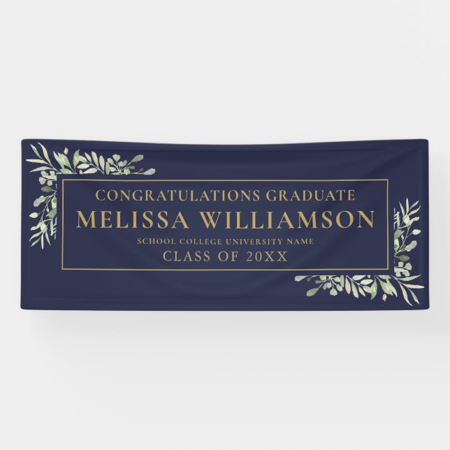 Navy Blue And Gold Greenery Floral Graduation Banner (Horizontal)