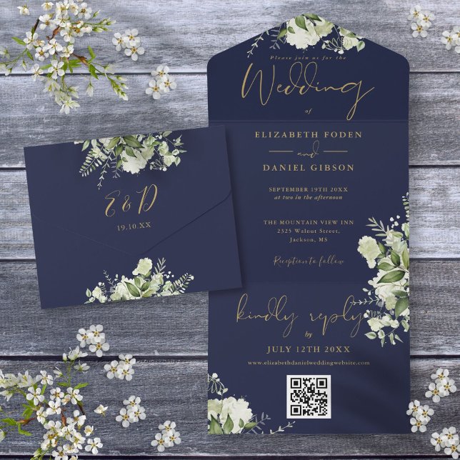 Navy Blue And Gold Greenery Floral QR Code Wedding All In One Invitation (Navy Blue And Gold Greenery Floral QR Code Wedding All In One Invitation)