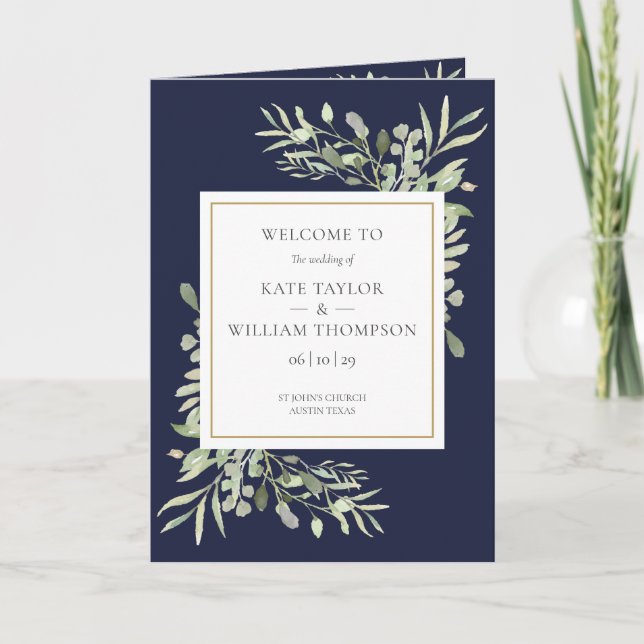 Navy Blue And Gold Greenery Foliage Wedding Programme (Front)