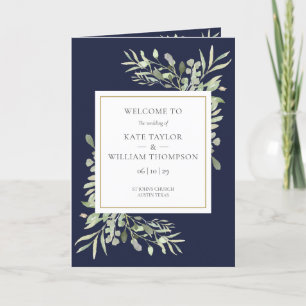 Navy Blue And Gold Greenery Foliage Wedding Programme