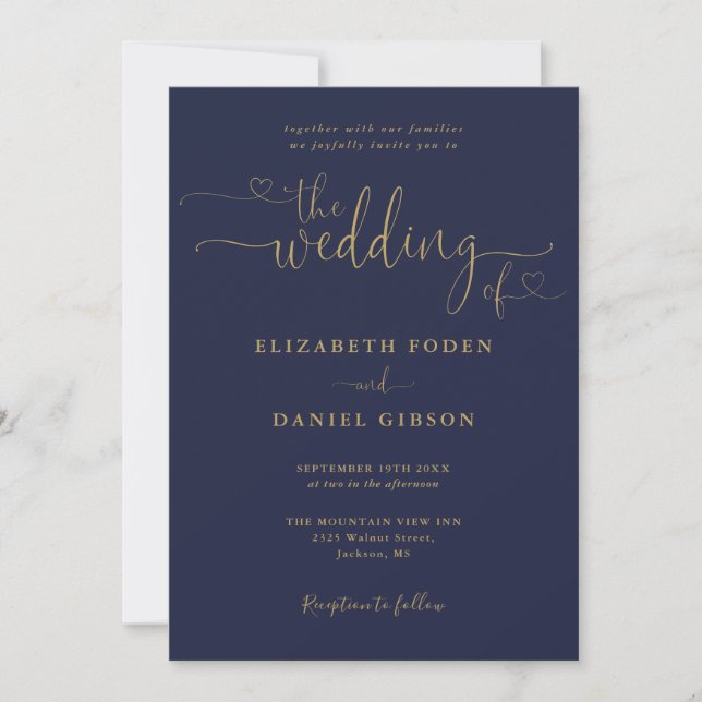 Navy Blue And Gold Heart Script QR Code Wedding Invitation (Front)