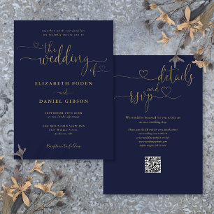 Navy Blue And Gold Heart Script QR Code Wedding Invitation