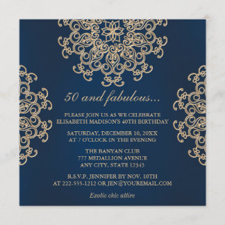 Navy Blue and Gold Indian Style 50th Birthday Invitation