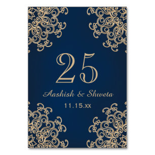 Navy Blue and Gold Indian Style Wedding Number Table Number