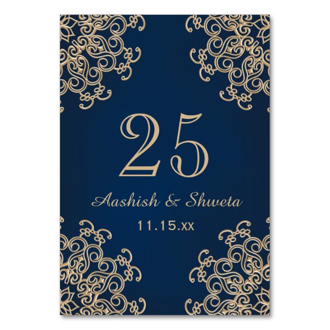 Navy Blue and Gold Indian Style Wedding Number Table Number (Back)