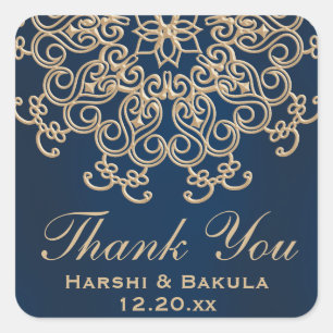 Navy Blue and Gold Indian Style Wedding Thank You Square Sticker