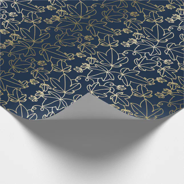 Navy Blue and Gold Ivy Leaf Floral Pattern Wrapping Paper | Zazzle