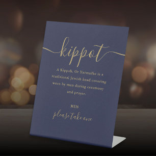 Navy Blue And Gold Jewish Wedding Kippot Yarmulke Pedestal Sign