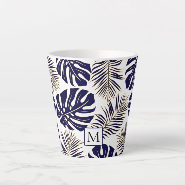 Navy blue and gold leaves and monogram latte mug (Front)
