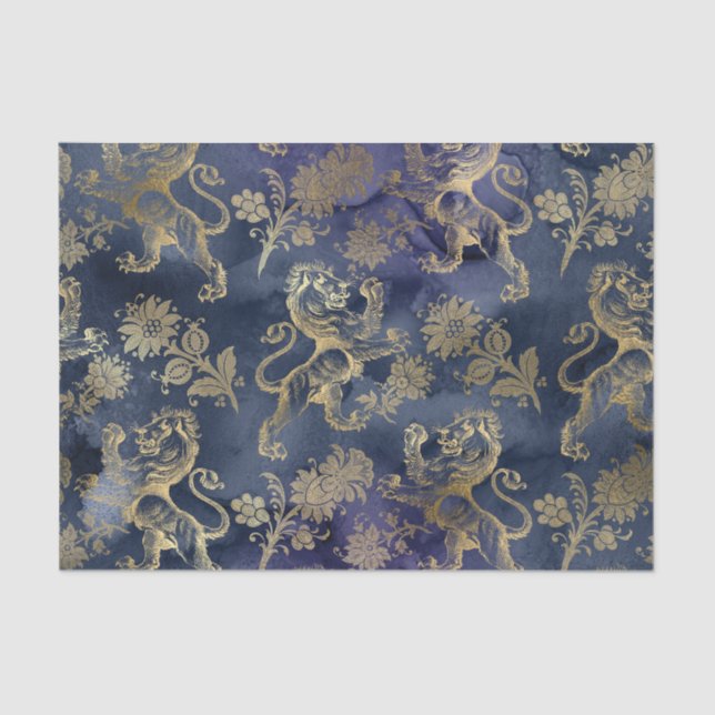 Navy Blue and Gold Lion Floral Tissue Paper (Front)