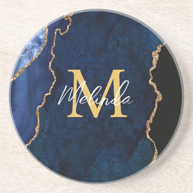 Navy Blue and Gold Marble Agate Coaster (Front)