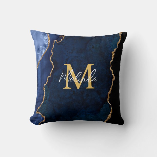 Navy Blue and Gold Marble Agate Cushion (Front)