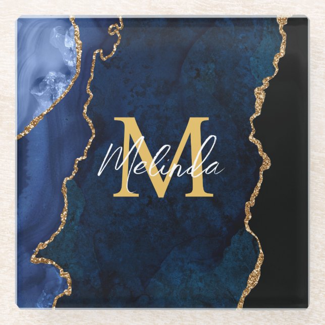 Navy Blue and Gold Marble Agate Glass Coaster (Front)
