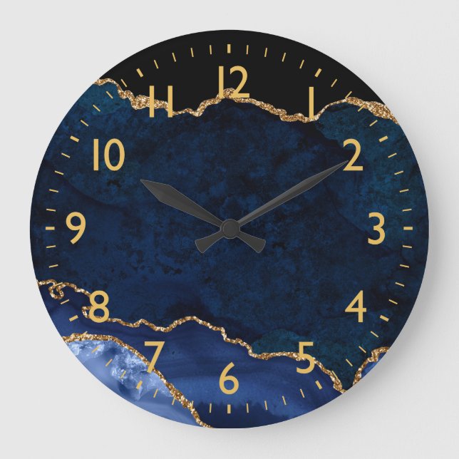 Navy Blue and Gold Marble Agate Large Clock (Front)