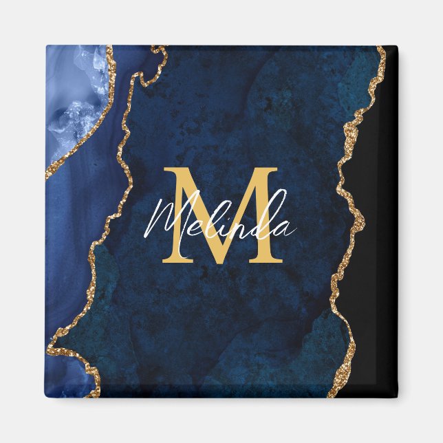 Navy Blue and Gold Marble Agate Magnet (Front)
