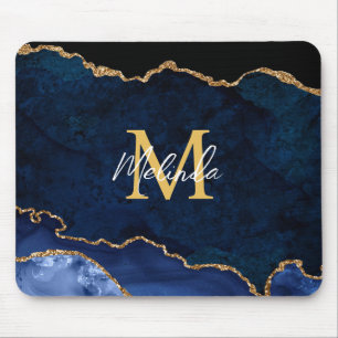 Navy Blue and Gold Marble Agate Mouse Mat
