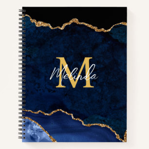 Navy Blue and Gold Marble Agate Notebook