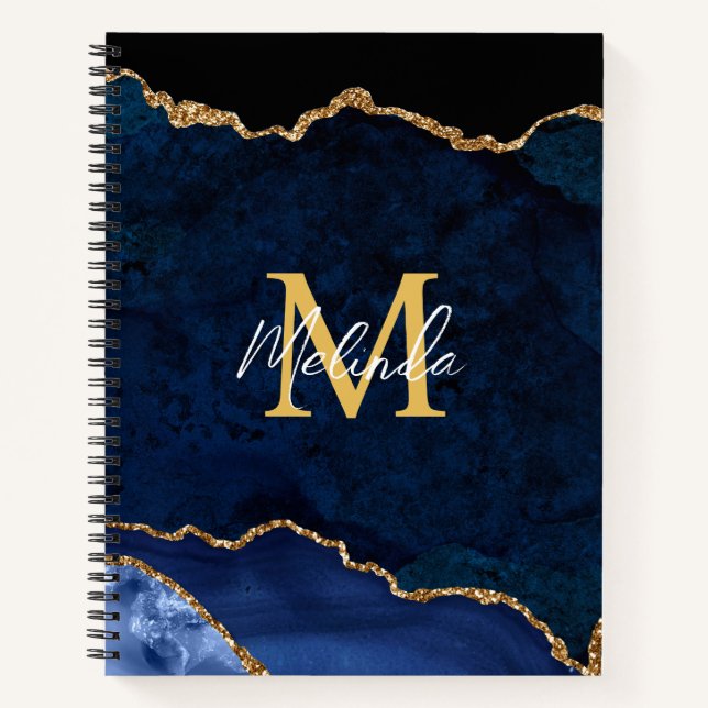 Navy Blue and Gold Marble Agate Notebook (Front)