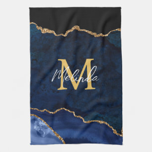Navy Blue and Gold Marble Agate Tea Towel