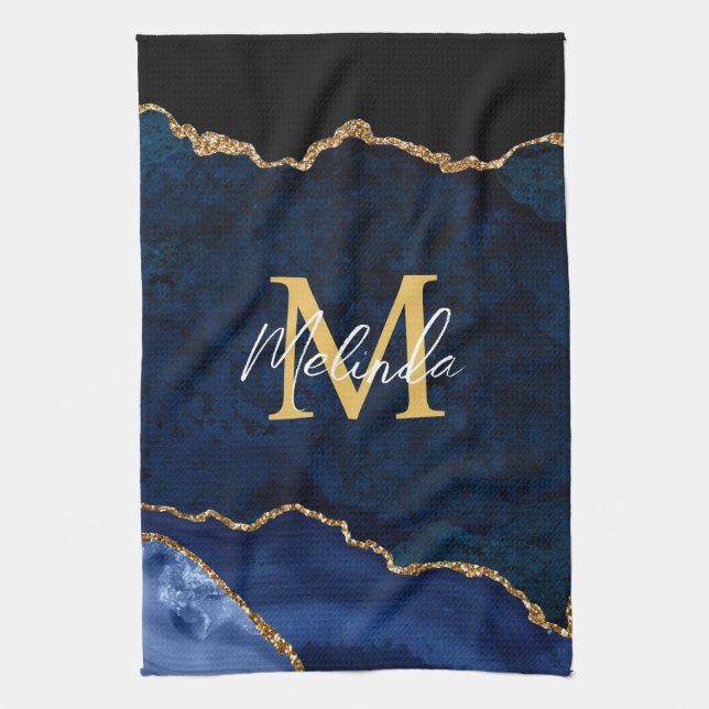 Navy Blue and Gold Marble Agate Tea Towel (Vertical)