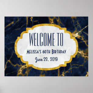 Navy Blue and Gold Marble Modern Birthday Welcome Poster