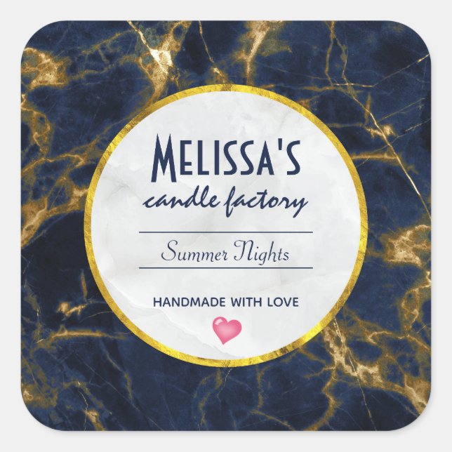 Navy Blue and Gold Marble Modern Candle Soap Square Sticker (Front)