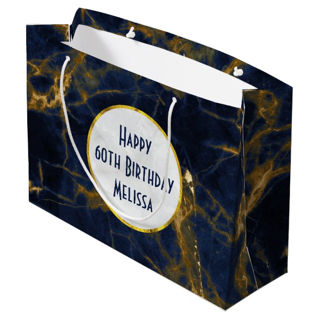 Navy Blue and Gold Marble Modern Stylish Birthday Large Gift Bag (Back Angled)