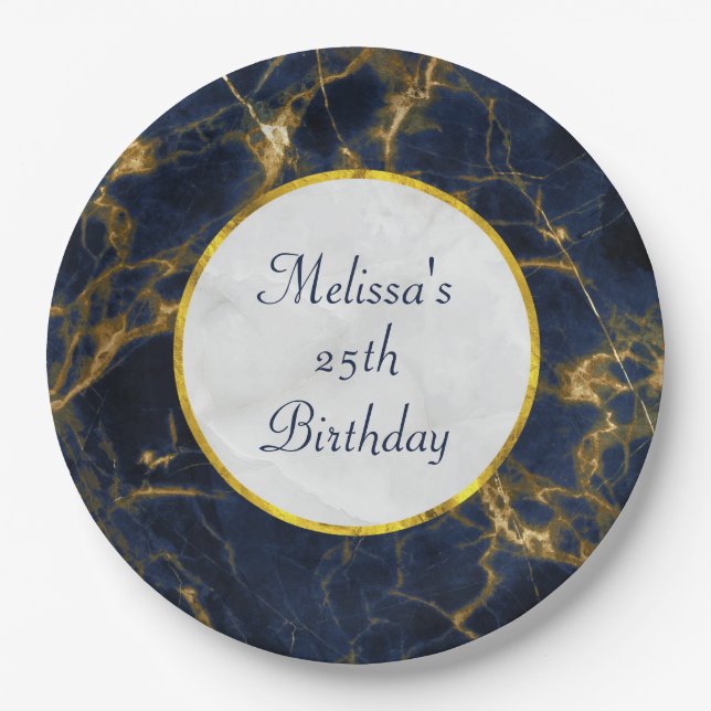 Navy Blue and Gold Marble Modern Stylish Birthday Paper Plate (Front)
