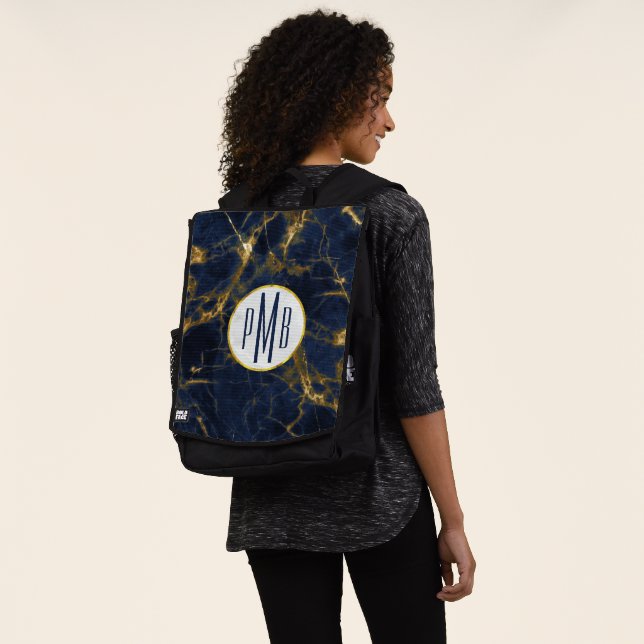 Navy Blue and Gold Marble Modern Stylish Monogram Backpack (Worn)