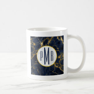 Navy Blue and Gold Marble Modern Stylish Monogram Coffee Mug