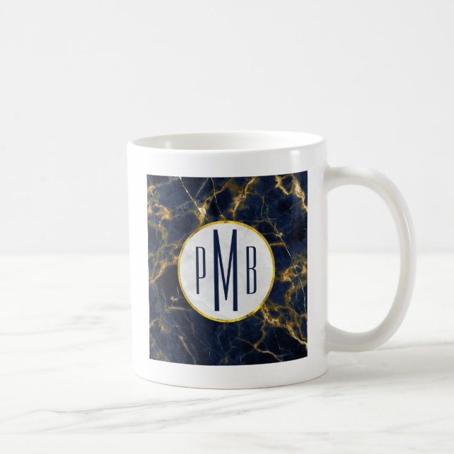 Navy Blue and Gold Marble Modern Stylish Monogram Coffee Mug (Right)