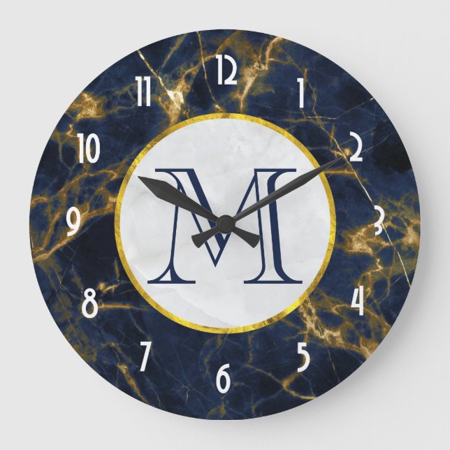 Navy Blue and Gold Marble Modern Stylish Monogram Large Clock (Front)