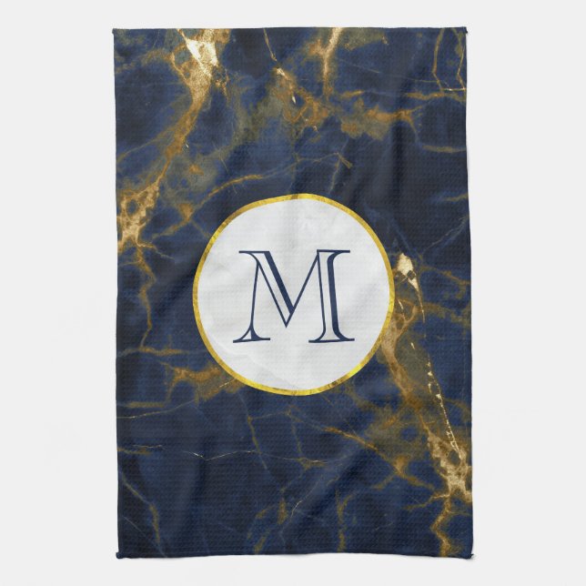 Navy Blue and Gold Marble Modern Stylish Monogram Tea Towel (Vertical)