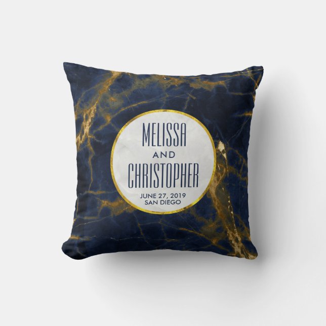 Navy Blue and Gold Marble Modern Stylish Wedding Cushion (Front)