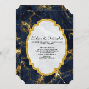 Navy Blue and Gold Marble Modern Stylish Wedding Invitation