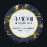 Navy Blue and Gold Marble Modern Stylish Wedding Magnet<br><div class="desc">Wedding favor magnets with a stylish and elegant background of navy blue and gold marble.  
Layered over top is a circle with a faux gold foil border with your personalized text inside.</div>