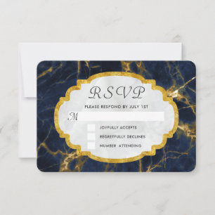 Navy Blue and Gold Marble Modern Stylish Wedding RSVP Card