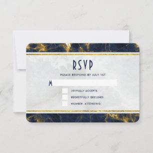 Navy Blue and Gold Marble Modern Stylish Wedding RSVP Card