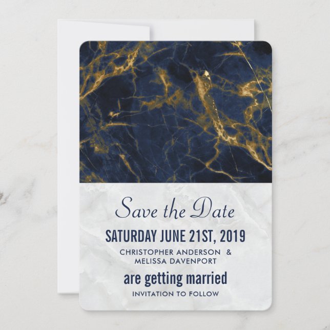 Navy Blue and Gold Marble Modern Stylish Wedding Save The Date (Front)