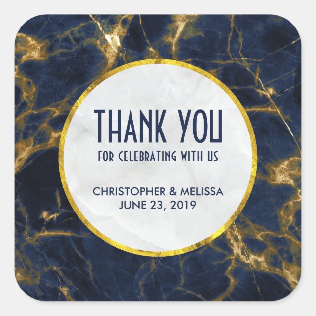 Navy Blue and Gold Marble Modern Stylish Wedding Square Sticker (Front)