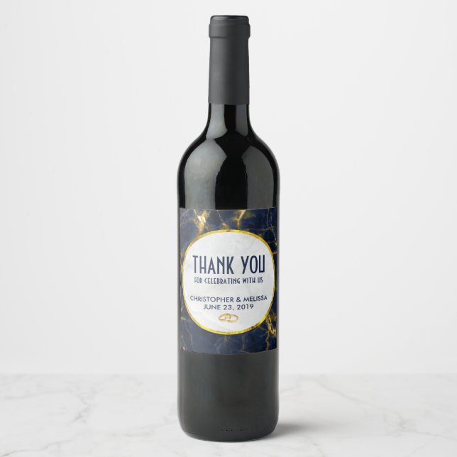 Navy Blue and Gold Marble Modern Stylish Wedding Wine Label (Front)