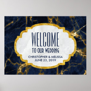 Navy Blue and Gold Marble Modern Wedding Welcome Poster