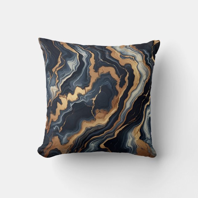 Navy Blue and Gold Marble Painting Abstract Cushion (Front)