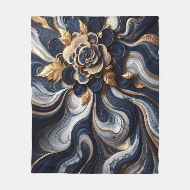 Navy Blue and Gold Marble Painting Abstract Fleece Blanket (Front)