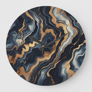 Navy Blue and Gold Marble Painting Abstract Large Clock