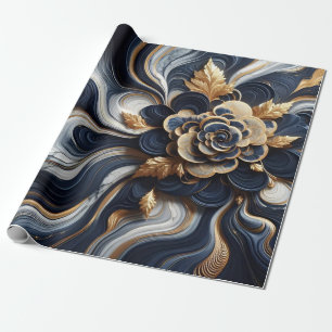 Navy Blue and Gold Marble Painting Abstract Wrapping Paper