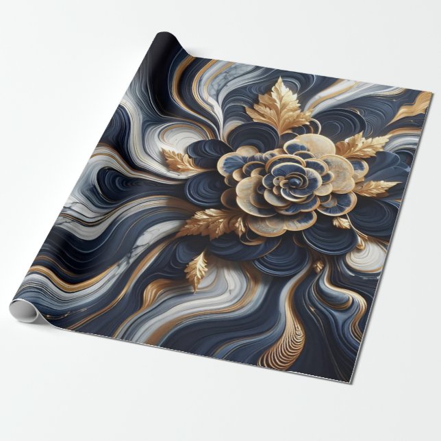 Navy Blue and Gold Marble Painting Abstract Wrapping Paper (Unrolled)