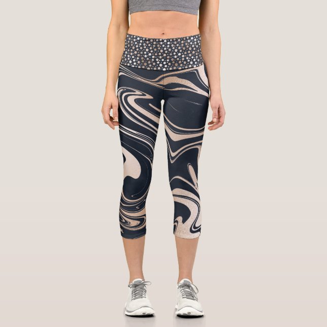 Navy blue and gold marble  with golden dots waist capri leggings (Front)