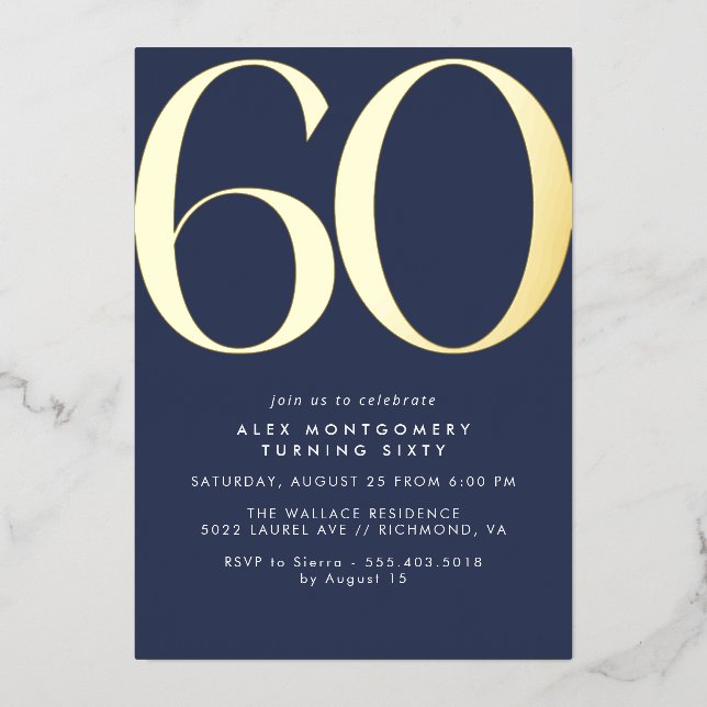 Navy Blue and Gold | Modern Elegant 60th Birthday (Front)